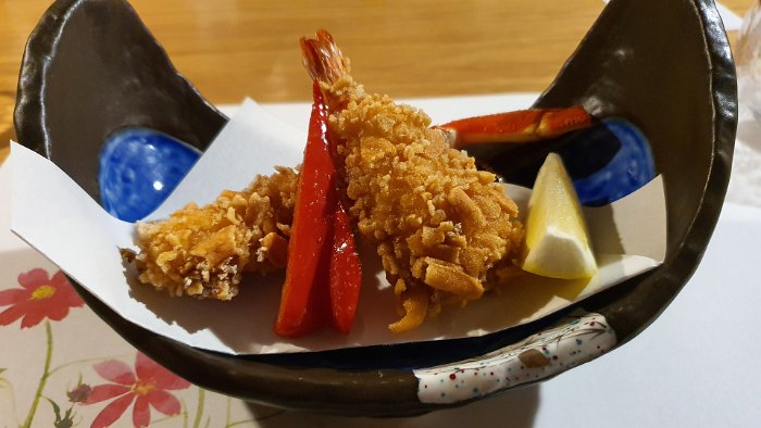 20191007_191802 Crab leg and prawn crusted wtih fried persimmon seeds.